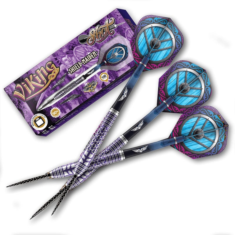 Shot! Shot Darts Steel Tip, Viking Shield Maiden (23g/24g/25g/27g), 90% Tungsten Barrel, Front Weighted, Handcrafted Professional Dart Set & Flights Made in New Zealand, Metal Tip for Bristle Dartboard - Image 1